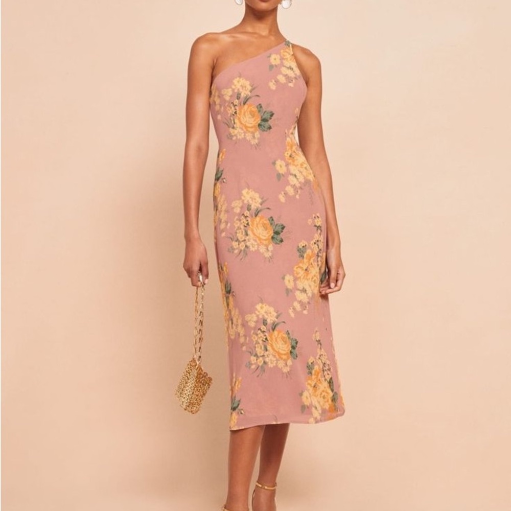 Reformation Floral One-Shoulder Dress in Pink and Yellow